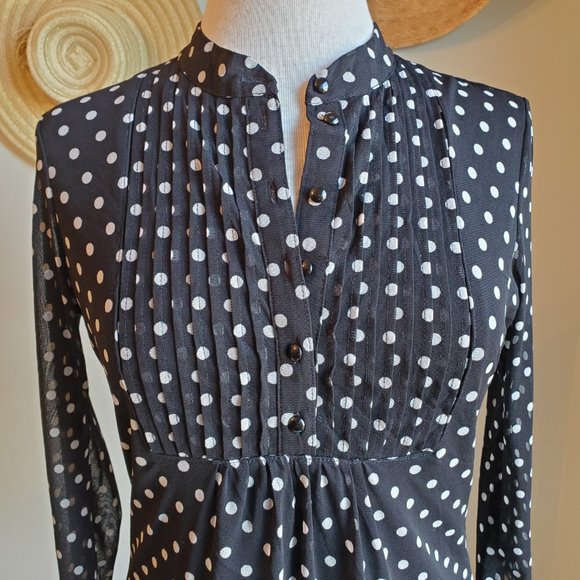 INC Black and White Polka Dot Pleated Button Top - Picture 2 of 6